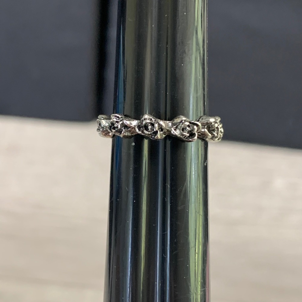 Antiqued Silver Tone Rose Flower Eternity Band Ring Gothic Size 7